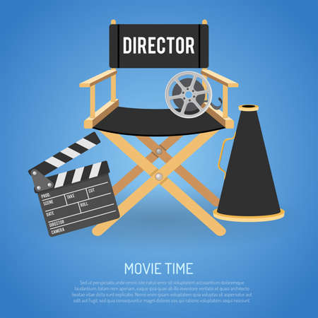 Cinema and Movie time flat icons with film reel, director chair, loudspeaker, clapperboard, isolated vector illustrationのイラスト素材
