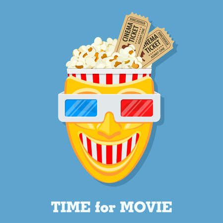 Cinema and Movie time concept with flat icons popcorn, masks, 3D glasses and tickets, isolated vector illustrationのイラスト素材
