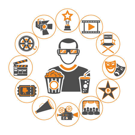Cinema and Movie concept with two color Icons Set like popcorn, award, clapperboard, tickets, 3D glasses and viewer. Isolated vector illustrationのイラスト素材