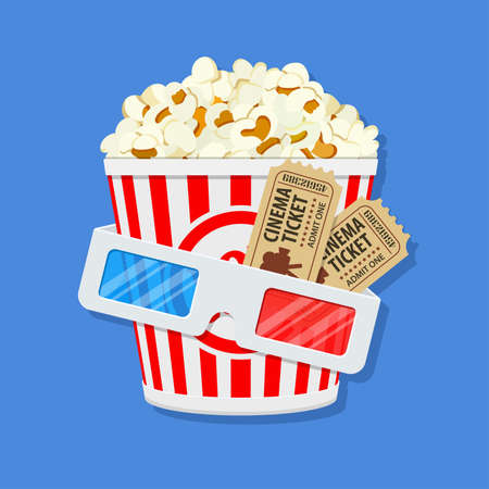Cinema and Movie time concept with flat icons popcorn, 3D glasses and tickets, isolated vector illustrationのイラスト素材