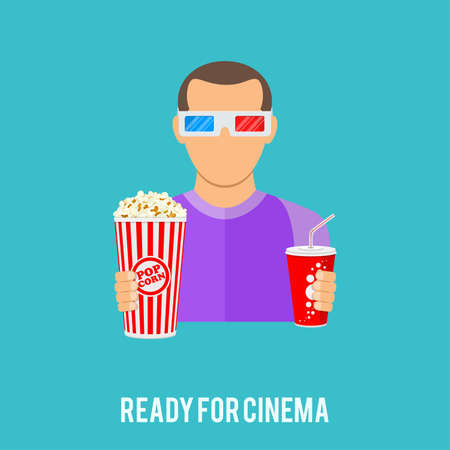 ready for Cinema and Movie concept with flat Icons popcorn, soda water, 3D glasses and viewer. Isolated vector illustrationのイラスト素材