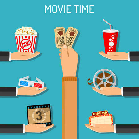 Cinema and Movie time concept with flat icons 3D glasses, popcorn and tickets in hands, isolated vector illustrationのイラスト素材