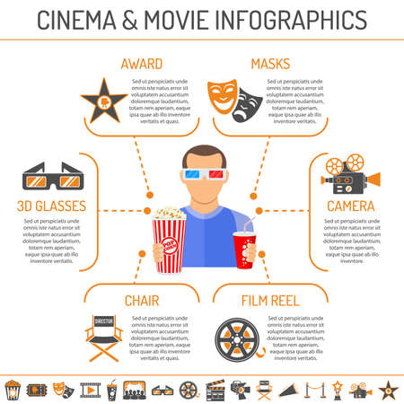 Cinema and Movie infographics with two color and flat Icons Set like popcorn, award, director chair, camera, 3D glasses and viewer. Isolated vector illustrationのイラスト素材
