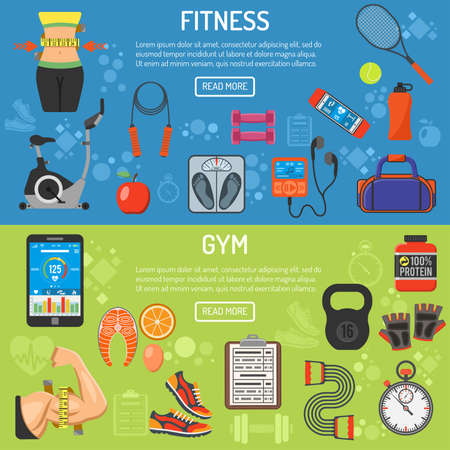 Fitness, Gym, Cardio, Healthy Lifestyle horizontal banners with flat icons.のイラスト素材