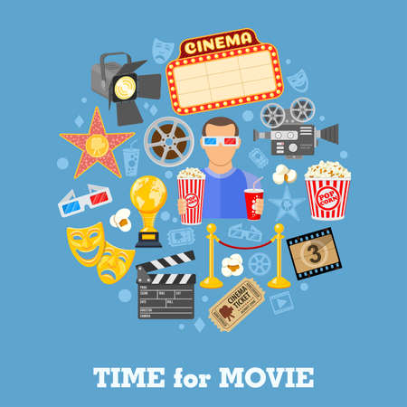 Cinema and Movie time concept with flat icons masks, 3D glasses, clapperboard and viewer with popcorn and soda in hands, isolated vector illustrationのイラスト素材
