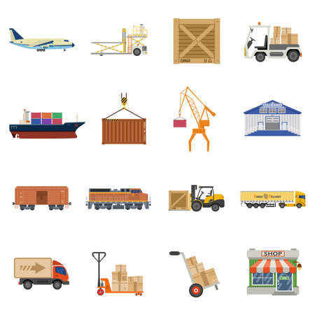 Cargo Transport, Packaging, shipping, delivery and logistics flat Icons Set.のイラスト素材