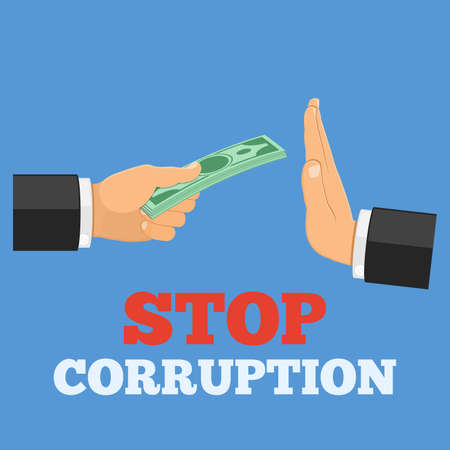 Stop corruption concept, hand offers money, other hand shows a gesture of refusal, isolated vector illustrationのイラスト素材