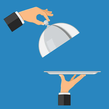 hand holds tray. other hand holds cover. flat style icons. isolated vector illustrationのイラスト素材