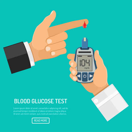 Doctor hand holds blood glucose meter and finger with blood drop. blood sugar level testing, treatment, monitoring and diagnosis of diabetes concept. Isolated vector illustrationのイラスト素材