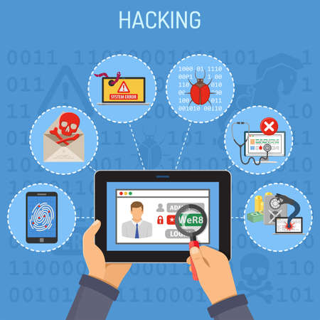 Internet Security concept. Hacker holding tablet pc in hand and hacking password with Flat Icons Virus and bug. isolated vector illustrationのイラスト素材