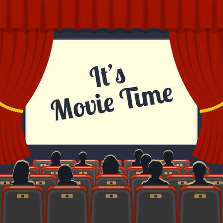 Cinema auditorium flat icons with seats and audience and blank screen, vector illustrationのイラスト素材