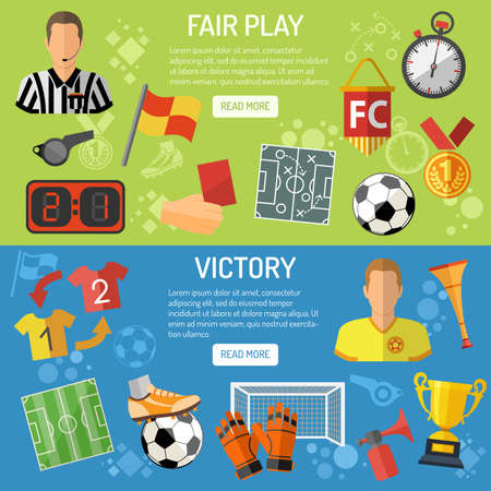 Soccer horizontal Banners with flat icons tournament,  player, referee and award, isolated vector illustrationのイラスト素材