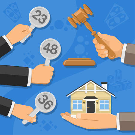 Auctions and bidding concept. Auctioneer holding gavel in hand, and buyers holding in hand bids. sale real estate at auction. icon in flat style. isolated vector illustrationのイラスト素材