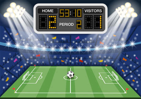 Soccer stadium with flat icons scoreboard, spotlight, ball, fans and goal, vector illustrationのイラスト素材