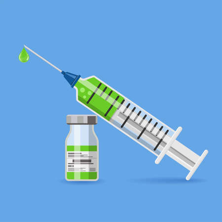Icon plastic medical syringe with needle, drop and vial in flat style, concept of vaccination, injection, isolated vector illustrationのイラスト素材