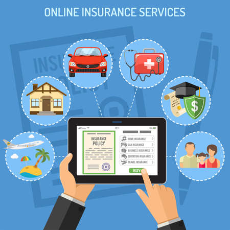 Concepts online insurance services. Man holding tablet pc in hand and touching buy app. flat style icons Car, House, Medical, Education and Vacation. isolated vector illustrationのイラスト素材