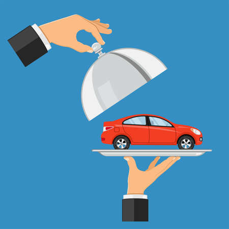 Hand holds the car on a tray. other hand holds cover. concept of sale, rent, car presentation. icon in flat style. isolated vector illustrationのイラスト素材