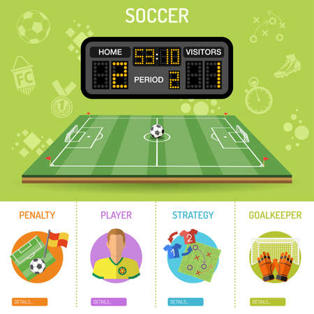 Soccer Banner and infographics with flat icons stadium, scoreboard, ball, player and goal, vector illustrationのイラスト素材