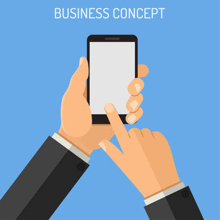 Business Concepts Man holding smartphone vertically in hand and touching blank screen. isolated vector flat icon illustrationのイラスト素材