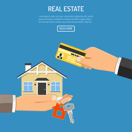 Hand with credit card and hand with house and keys with flat icons. sale, purchase, lease, rent of real estate concept. isolated vector illustrationのイラスト素材