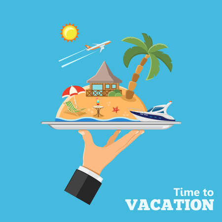 Vacation and Trip concept. hand holding on tray island with bungalows, boat, plane and cocktail. flat style icons, isolated vector illustrationのイラスト素材