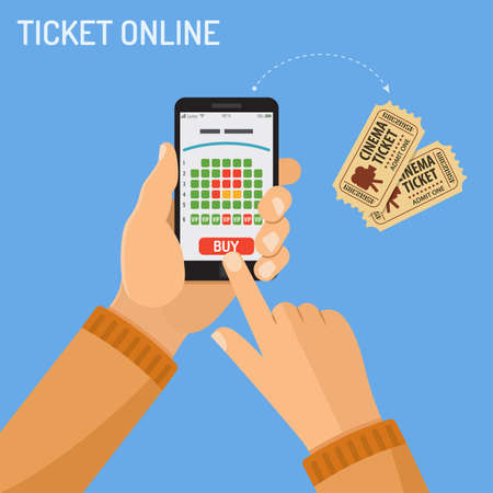 Concepts online cinema ticket order Man holding smartphone vertically in hand and touching buy app, isolated vector flat icon illustrationのイラスト素材