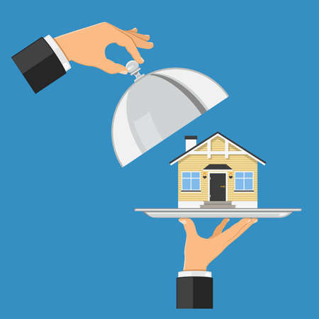 Hand holds house on tray. other hand holds cover. flat style icons. sale, purchase, lease, rent of real estate concept. isolated vector illustrationのイラスト素材