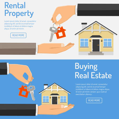 hand giving home keys in the other hand. rental property and buying real estate horizontal banners with flat style icon. isolated vector illustrationのイラスト素材