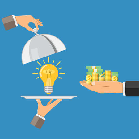Hand holding tray with light bulb and other hand giving money. crowdfunding, innovation, idea, investments concept. flat style icons. isolated vector illustrationのイラスト素材