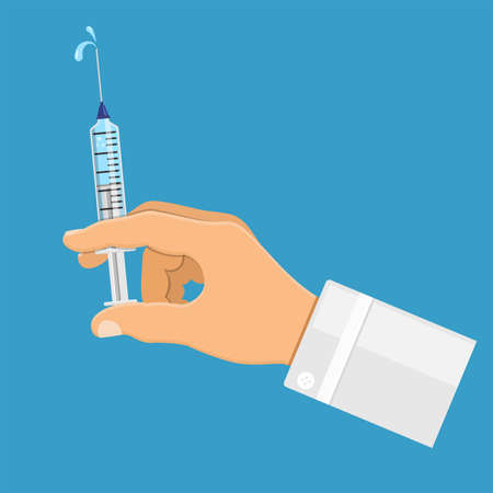 Icon plastic medical syringe with needle and drop in flat style icon in doctor hand. concept vaccination, injection, isolated vector illustrationのイラスト素材
