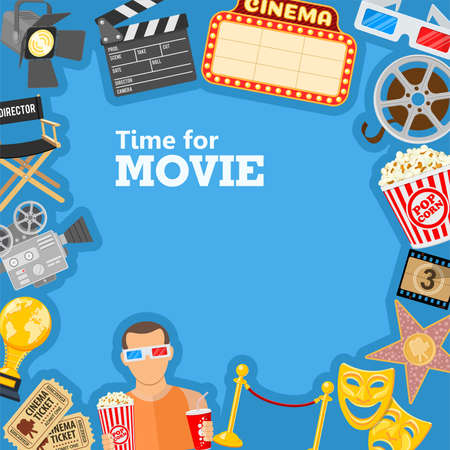 Cinema and Movie time frame with flat icons masks, 3D glasses, clapperboard, signboard and viewer with popcorn and soda in hands, isolated vector illustrationのイラスト素材