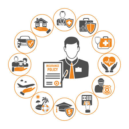 Insurance Services Concept in Flat two color style icons such as policy, House, Car, Medical, Family and agent, isolated vector illustrationのイラスト素材