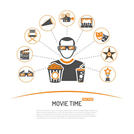 Cinema and Movie concept with two color Icons Set like popcorn, award, clapperboard, tickets, 3D glasses and viewer. Isolated vector illustrationのイラスト素材