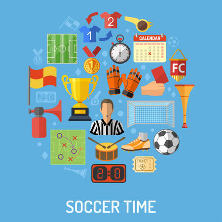 Soccer and Football concept with flat icons Referee, Ball, stadium and Trophy, isolated vector illustrationのイラスト素材