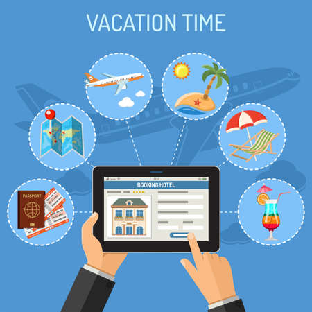 Vacation and Tourism Concept with flat icons. Man holding tablet PC in hand and Booking Hotel. isolated vector illustrationのイラスト素材