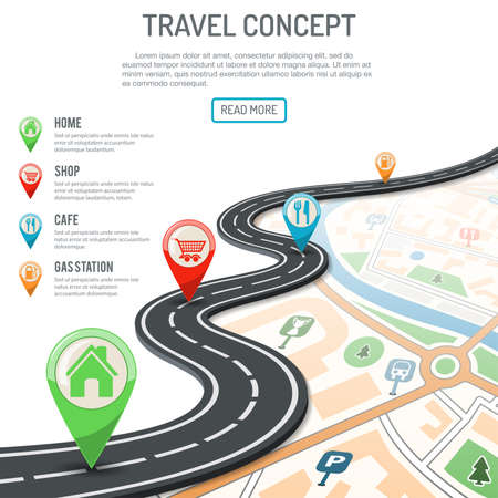 Travel and Navigation Concept with flat icons marking road, pointer and map. vector illustrationのイラスト素材