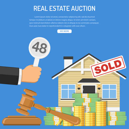 Auctions and bidding concept. Buyers holding bid in hand. Gavel and money.のイラスト素材