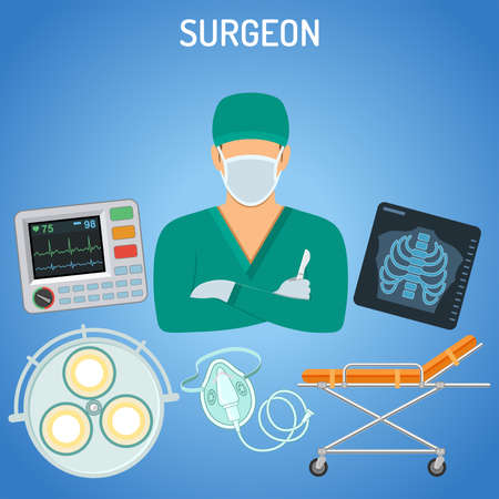 medical concept with surgeon, scalpel, x-ray and stretcher flat icons. isolated vector illustrationのイラスト素材
