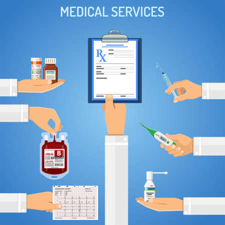 Medical services concept with flat icons prescription, syringe, cardiogram, blood container in doctor hands. isolated vector illustrationのイラスト素材