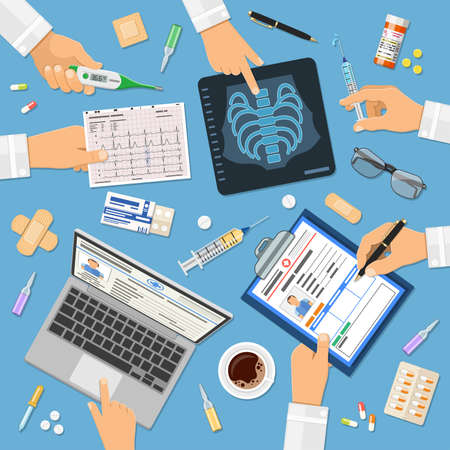Doctors workplace concept with flat icons hands holds x-ray, medical record, cardiogram, syringe. isolated vector illustrationのイラスト素材