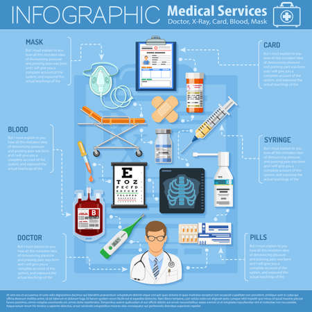 medical services infographics with flat icons like eyesight, medical card patient, x-ray. vector illustrationのイラスト素材