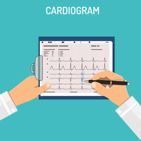 Doctor holds cardiogram on clipboard in hands and examines it. Medical and healthcare concept. flat style icons. isolated vector illustrationのイラスト素材