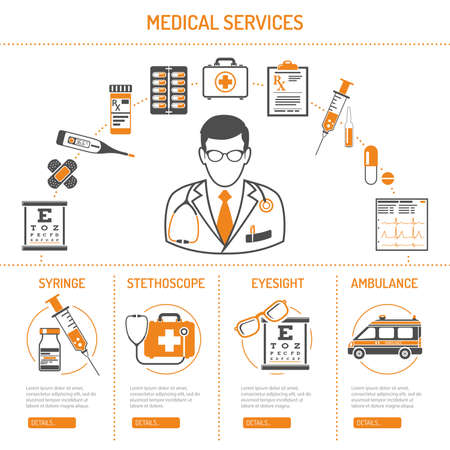 Medicine, health care and medical services infographics with two color icons like Doctor, ambulance, prescription, eyesight, thermometer. isolated vector illustrationのイラスト素材