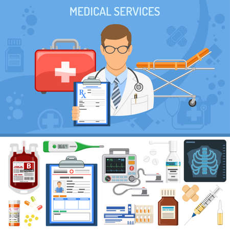 Medical Services Concept with flat icons doctor, prescription, stethoscope, medical record, x-ray, blood container. isolated vector illustrationのイラスト素材