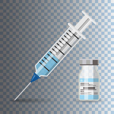 icon plastic medical syringe with needle and vial in flat style, concept of vaccination, injection, vector illustration on transparent backgroundのイラスト素材