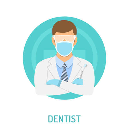 Medical concept with dentist character and dental mirror flat icons. isolated vector illustrationのイラスト素材