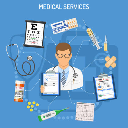 Medical Services Concept with flat icons doctor, prescription, stethoscope, medical record, syringe,  sight table. isolated vector illustrationのイラスト素材