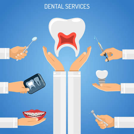 Dental Services Concept with flat icons hands doctor dentist hold braces, dental drill, x-ray, syringe, implant and tooth. vector illustrationのイラスト素材