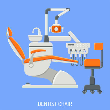 Dental services concept with flat icons. Dentist chair on blue background.のイラスト素材