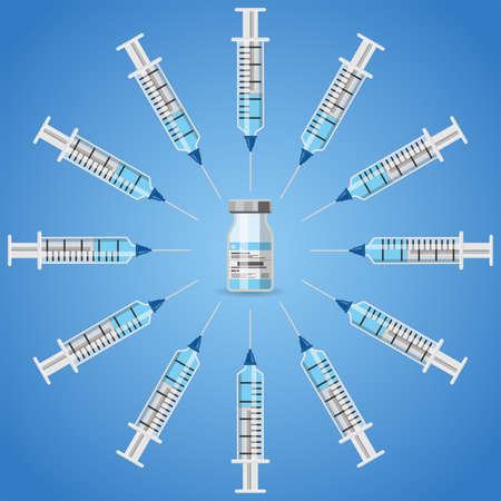 icon plastic medical syringe with needle and vial in flat style, concept of vaccination, injection, isolated vector illustrationのイラスト素材